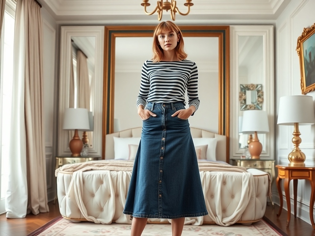 Fashion model in a luxury bedroom wearing an A-line denim skirt and a striped top, taking a selfie with an iPhone.