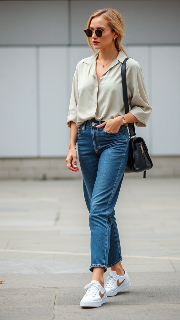 A fashionable model showcasing straight-leg jeans styled with a casual blouse and trendy sneakers.