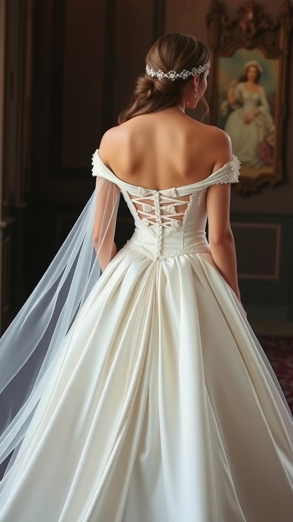 Elegant off-shoulder wedding dress design with a train and simple jewelry