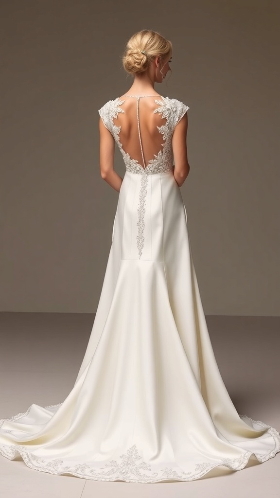 A model showcasing a timeless A-line wedding dress with an elegant train and simple jewelry.