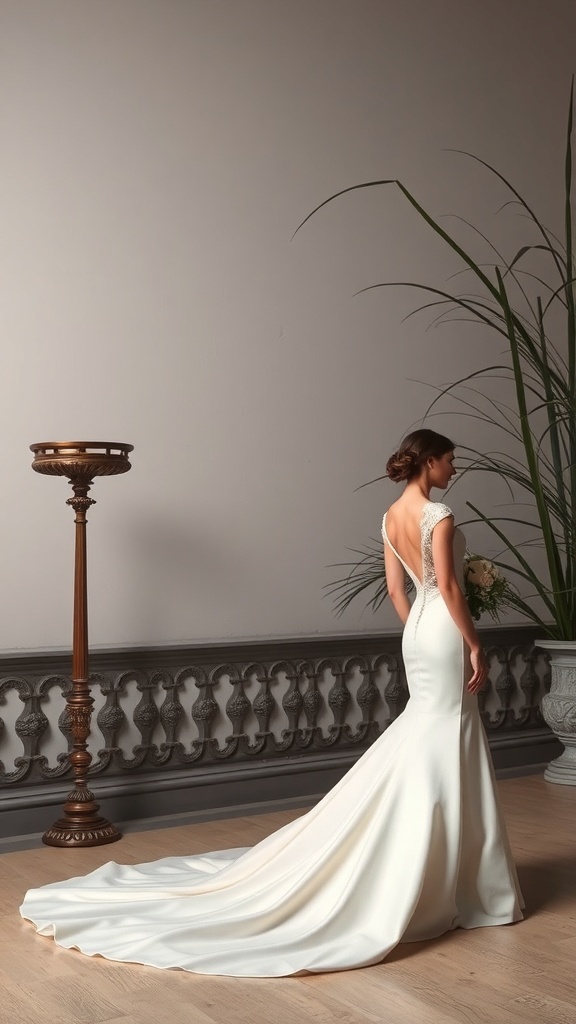 Sophisticated sheath wedding dress with cap sleeves, elegant train, and stylish accessories.