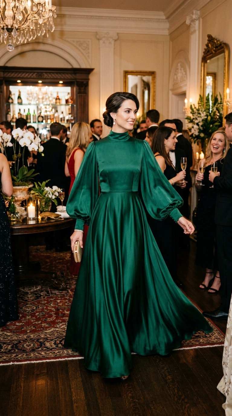 A model in a flowing silk green A-line gown with dramatic sleeves at a cocktail party.