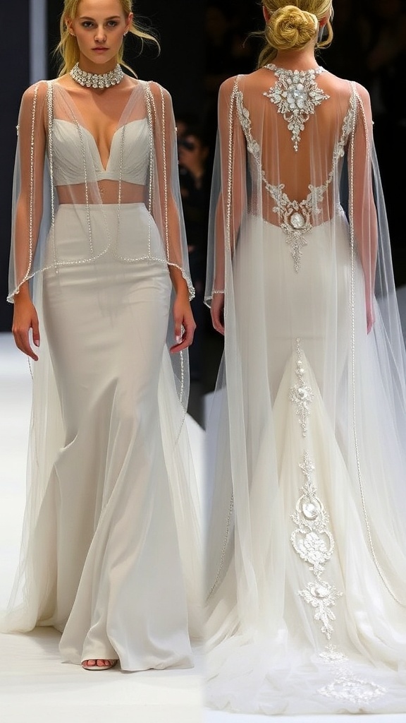 Elegant wedding dress with a sheer overlay and intricate detailing on the train.