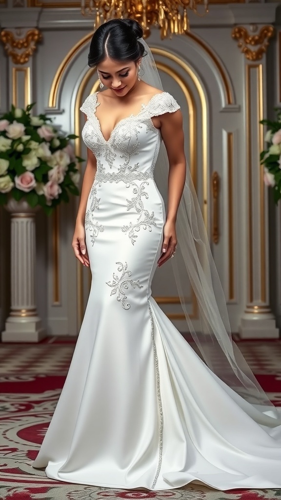 Elegant mermaid cut wedding dress with a grand train and simple jewelry