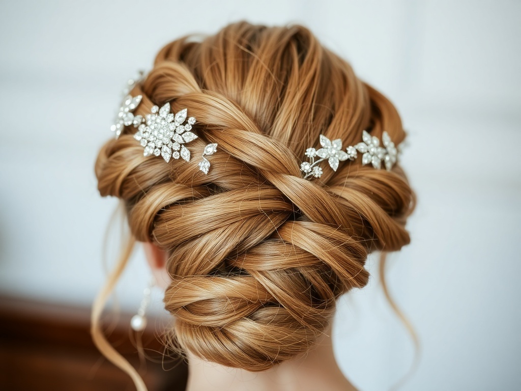 Elegant braided crown hairstyle decorated with sparkling pins.
