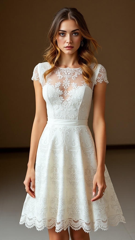 A vintage tea-length lace wedding dress.