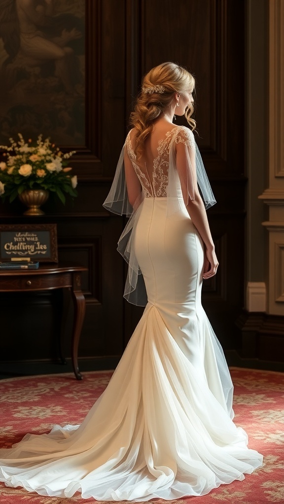 Elegant tea-length wedding dress with tulle overlay and simple jewelry.