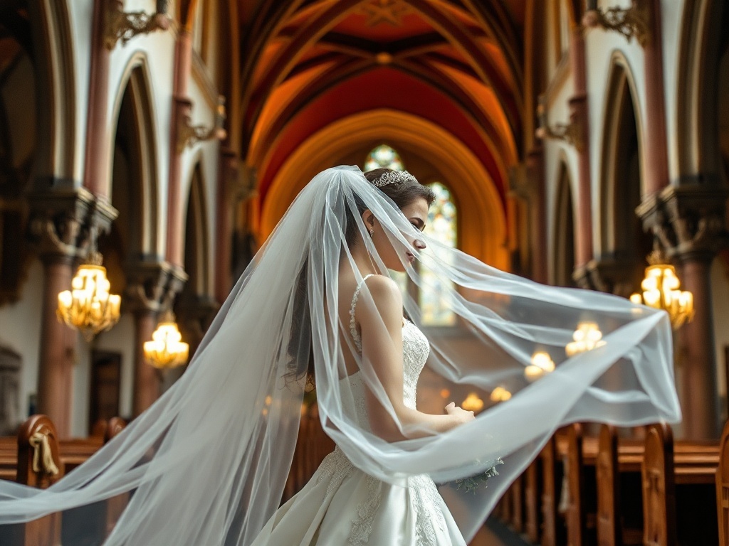 A bride wearing a classic cathedral veil inside a beautiful church.