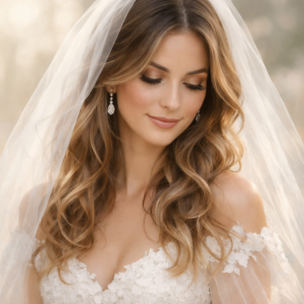 Bridal hairstyle featuring loose waves and a veil
