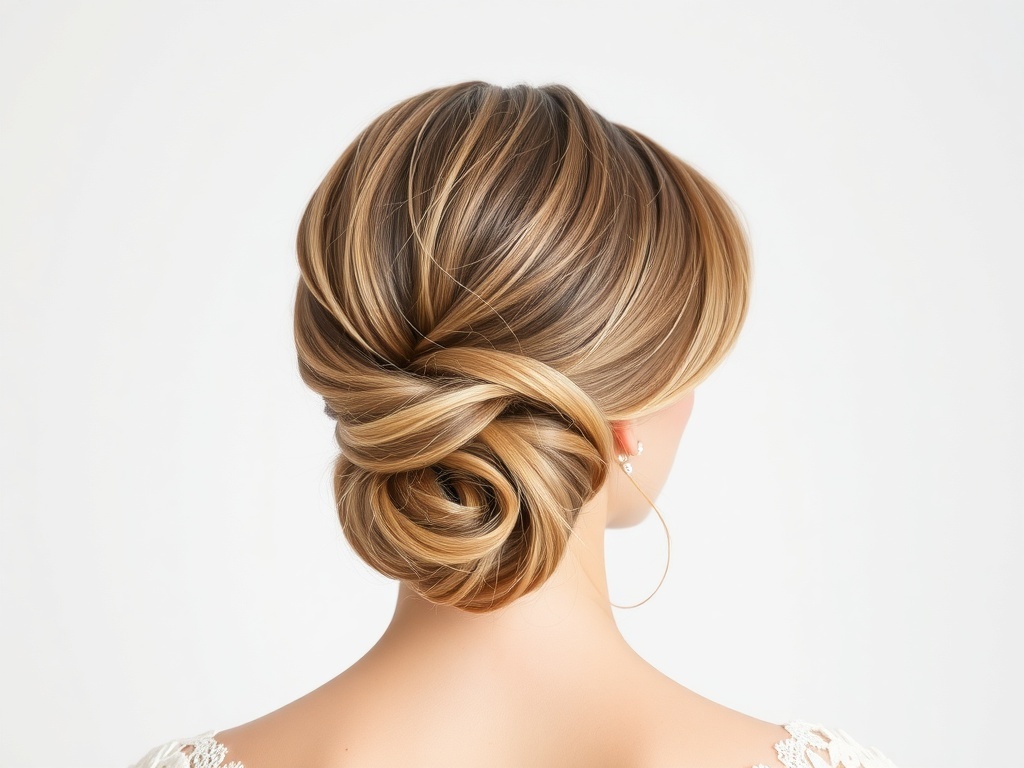 A bride showcasing a sleek low bun hairstyle with side bangs.