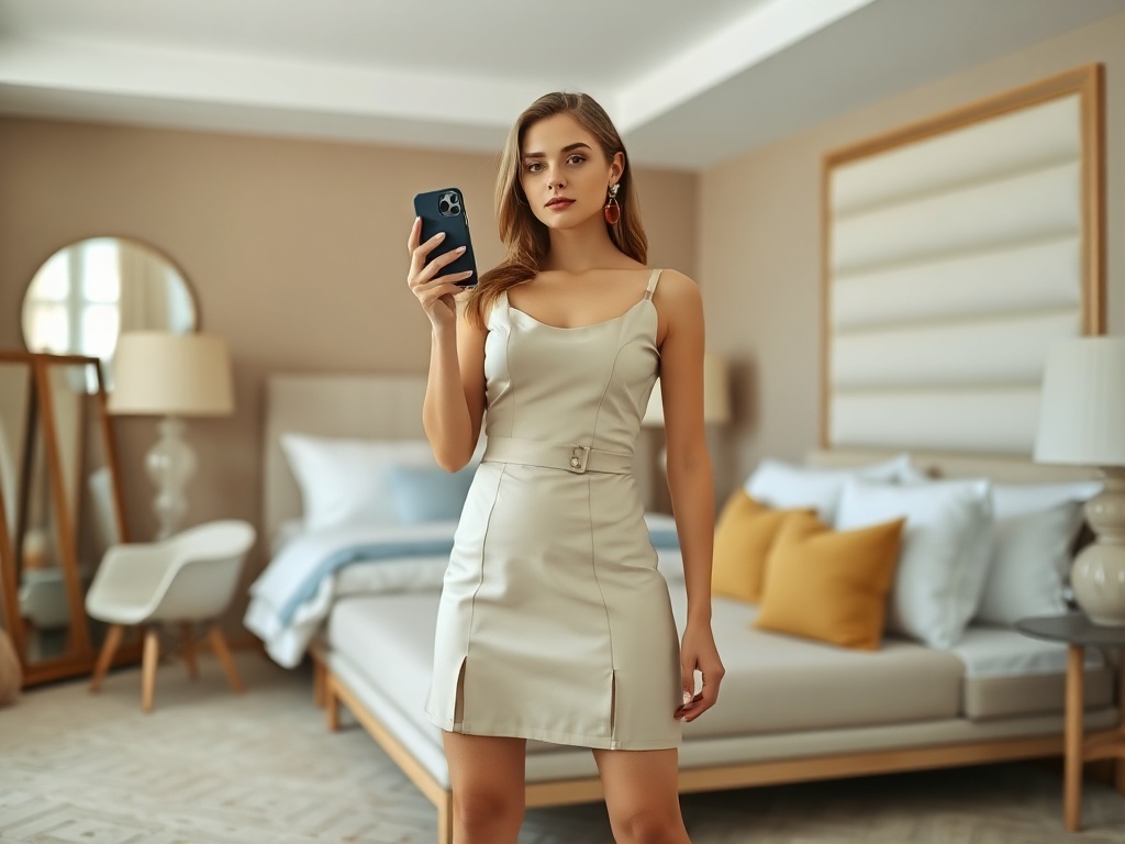 Fashion model in a beige A-line dress taking a selfie in a luxury bedroom.