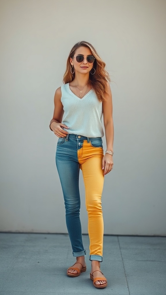 Fashionable woman showcasing bold colored jeans styled with a simple top, boho jewelry, and sunglasses.