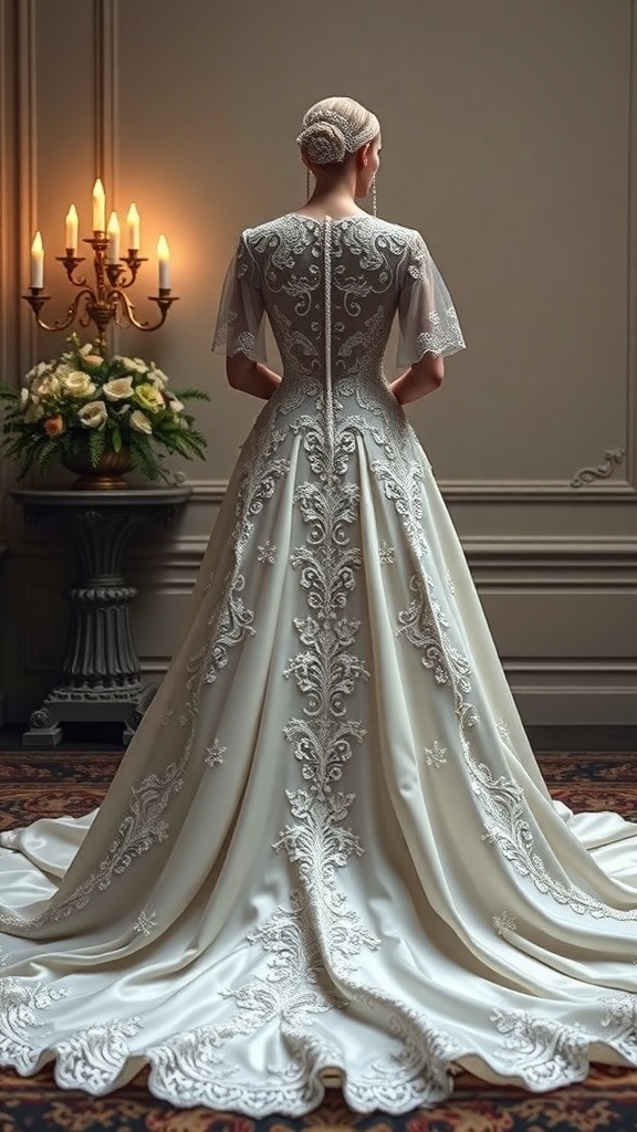 Regal lace and silk wedding dress with a grand train and elegant detailing.