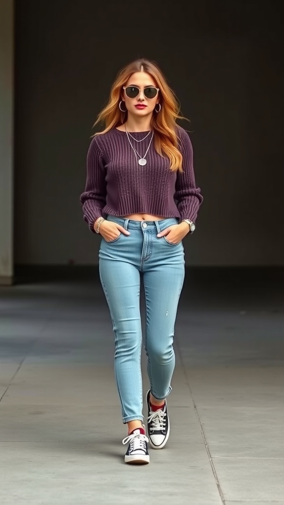 Fashionable model in mom jeans with stylish accessories