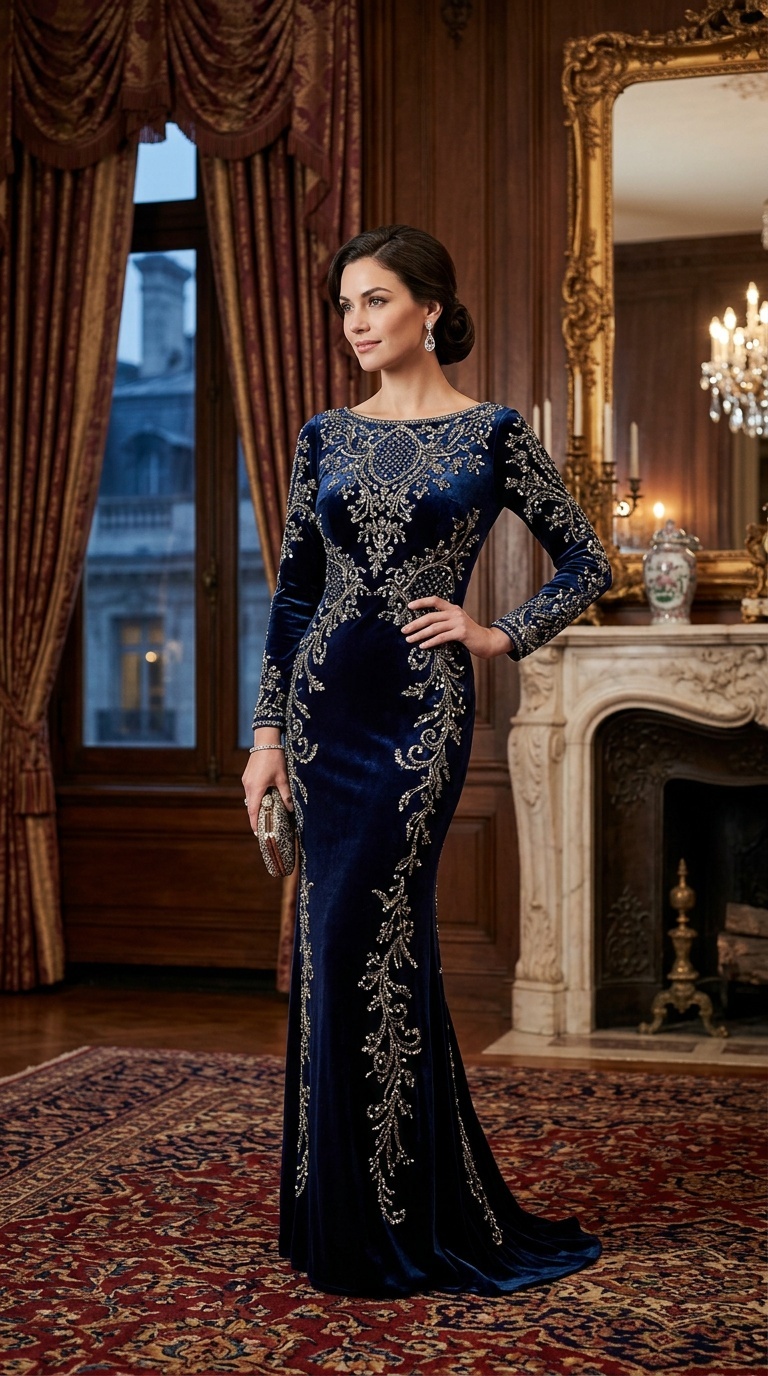A model wearing a sleek velvet sheath dress adorned with embellished details, standing elegantly in an opulent setting.