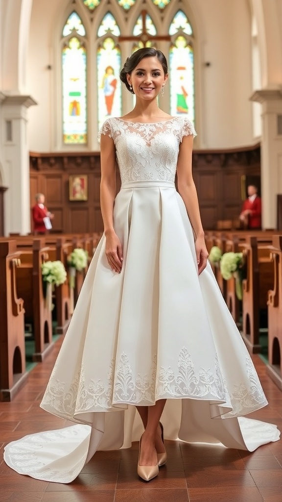 Elegant vintage-inspired tea-length wedding dress with a grand train and fashionable accessories.