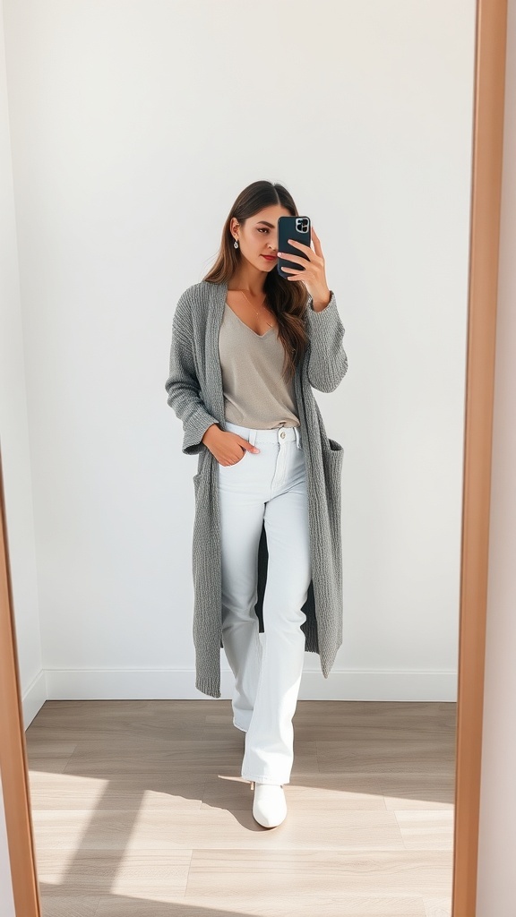 Fashion model wearing white jeans and a long cardigan, taking a selfie in front of a mirror.