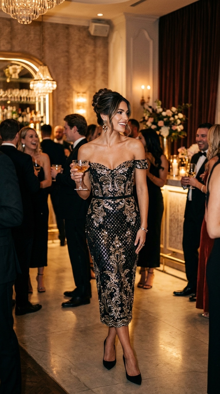 Woman wearing a striking off-the-shoulder midi dress with metallic accents at a cocktail party.
