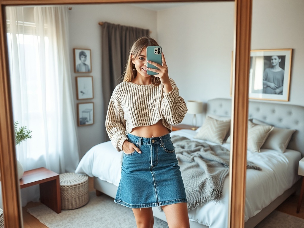 A fashionable model wearing a high-waisted denim skirt and cropped sweater, taking a selfie in front of a mirror.
