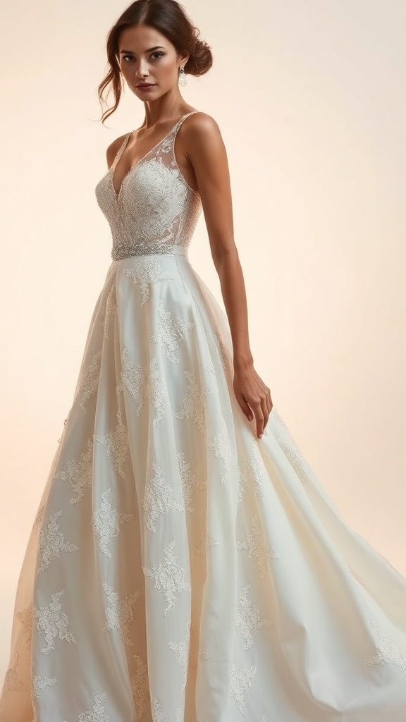 Elegant wedding dress with lace and crystal accents, featuring a stunning train.