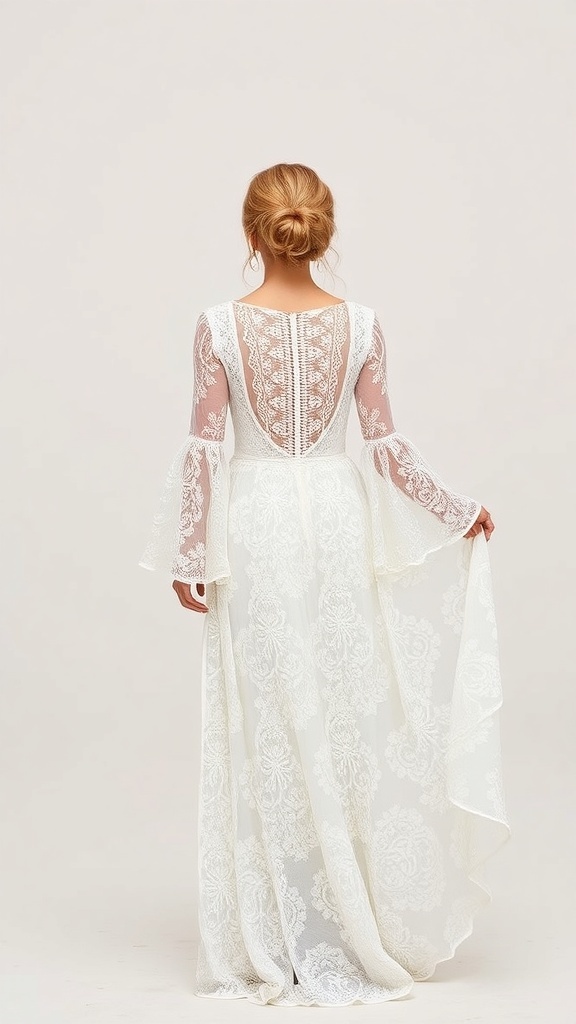 Bohemian lace maxi dress, featuring intricate details and a flowing silhouette, ideal for a chic bridal style.