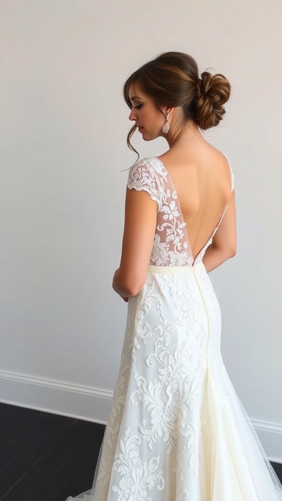 Elegant A-Line lace wedding gown with illusion sleeves and detailed embroidery