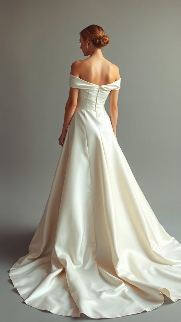 Chic off-shoulder satin wedding dress with train