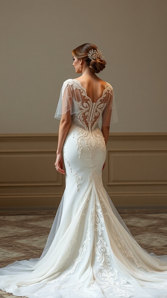 Elegant bridal gown with sheer overlay and grand train.