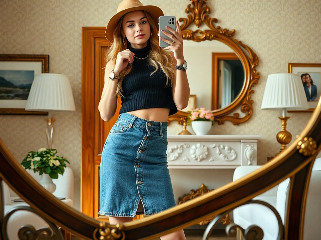 A fashion model is taking a selfie in front of a mirror, wearing a classic denim skirt and stylish accessories.