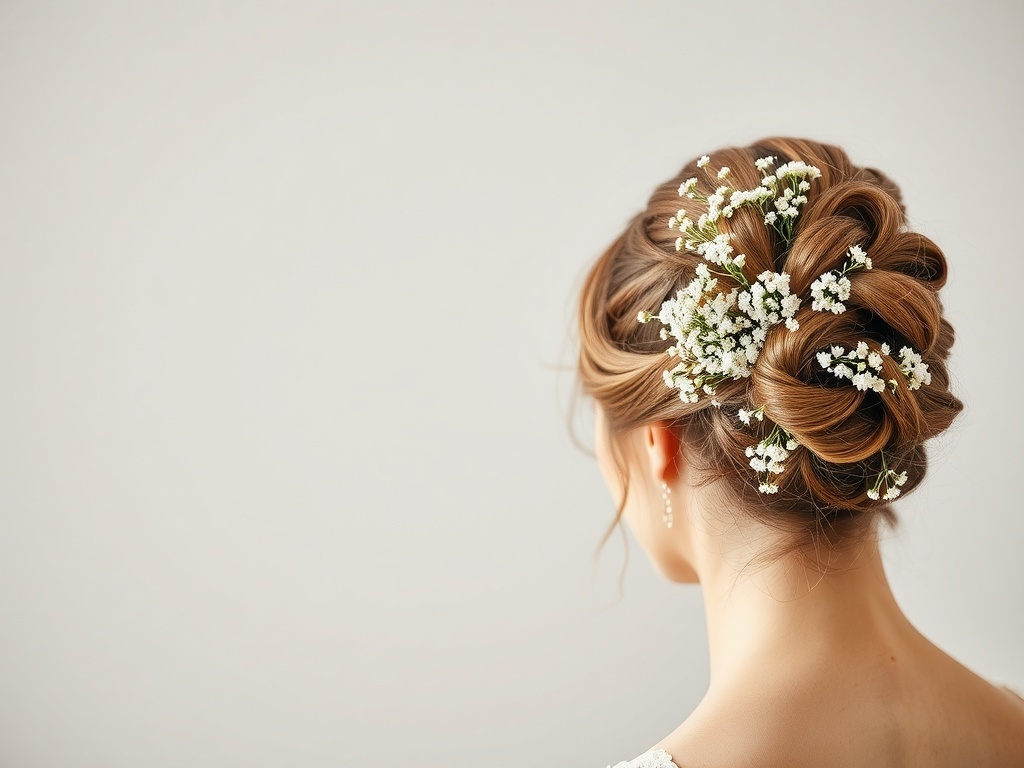 Bridal hairstyle featuring a messy bun adorned with baby's breath flowers