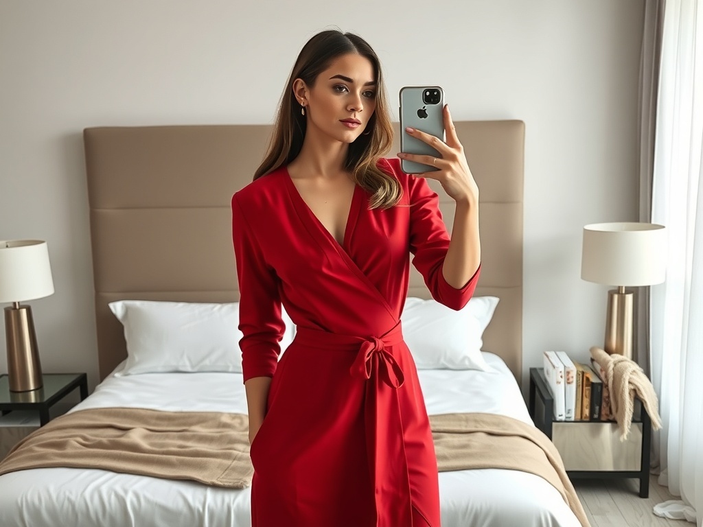A well-dressed fashion model takes a selfie in a luxury red wrap dress with an elegant belt in a classy bedroom.