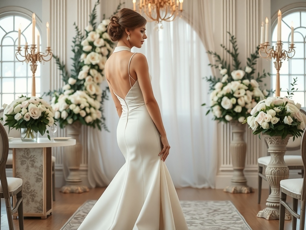 Bride in a high neck vintage style wedding dress, looking away with her dress train showing in a luxury setting.