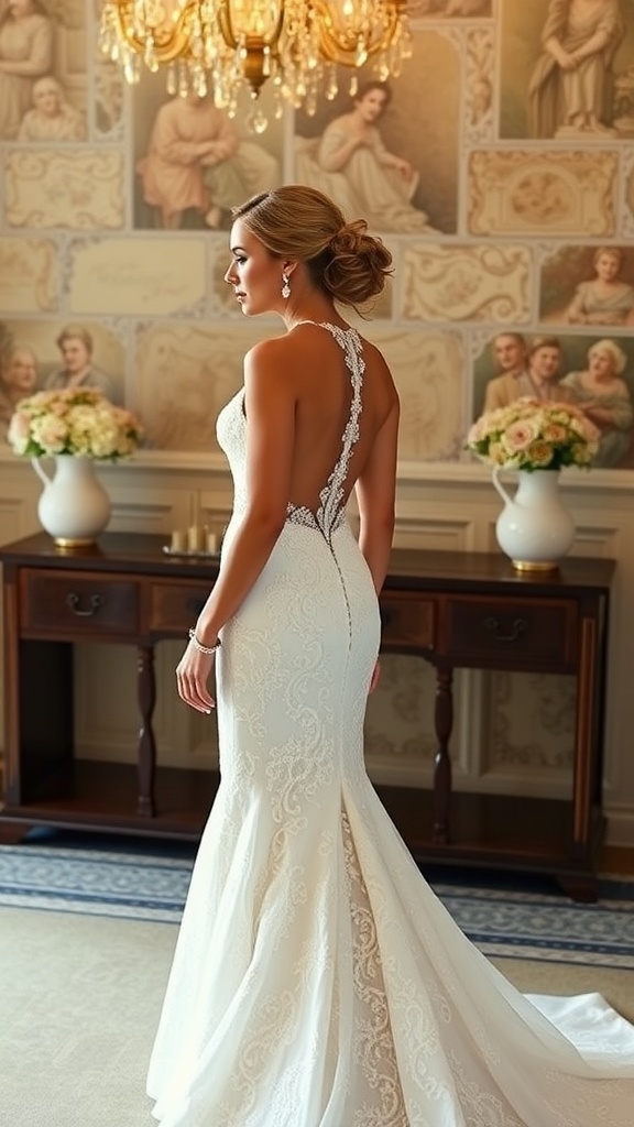 Elegant wedding dress with halter neck design and lace details