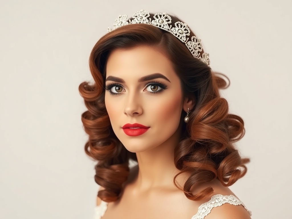 Bride with vintage pin-up curls and a tiara.