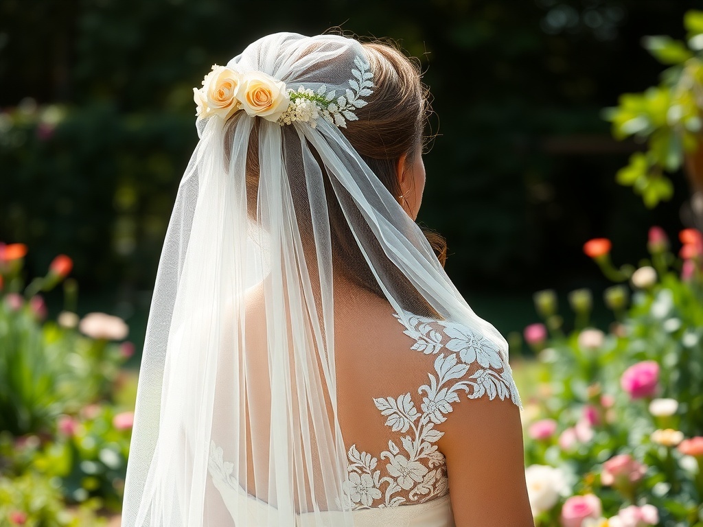 A bride with an ethereal lace veil and floral accents in her hair, surrounded by a garden of flowers.