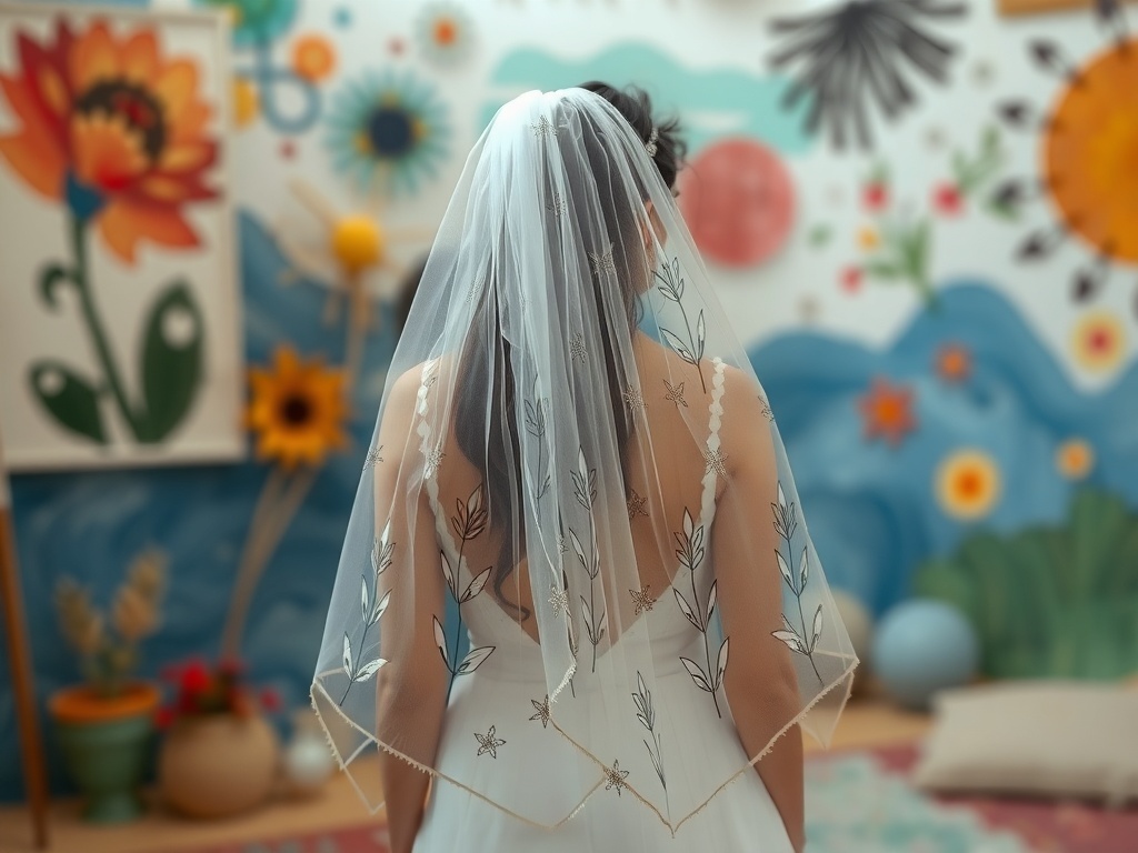A bride wearing an artistic veil with hand-painted details, showcasing floral designs.