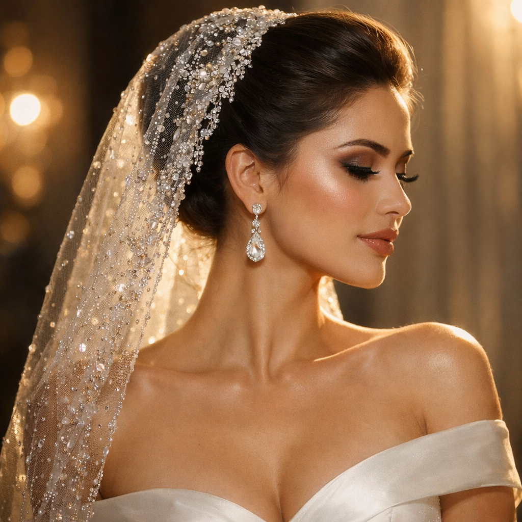 A bride with a glamorous beaded veil and sleek updo, smiling gently.
