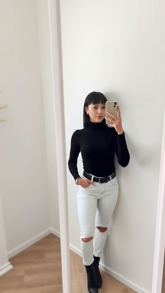 Fashion model in a black turtleneck and white jeans taking a selfie in front of a mirror.