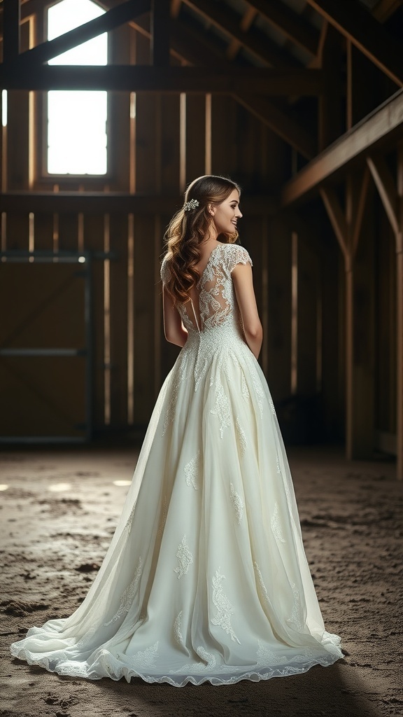 Elegant lace-embellished A-line wedding gown in a barn setting