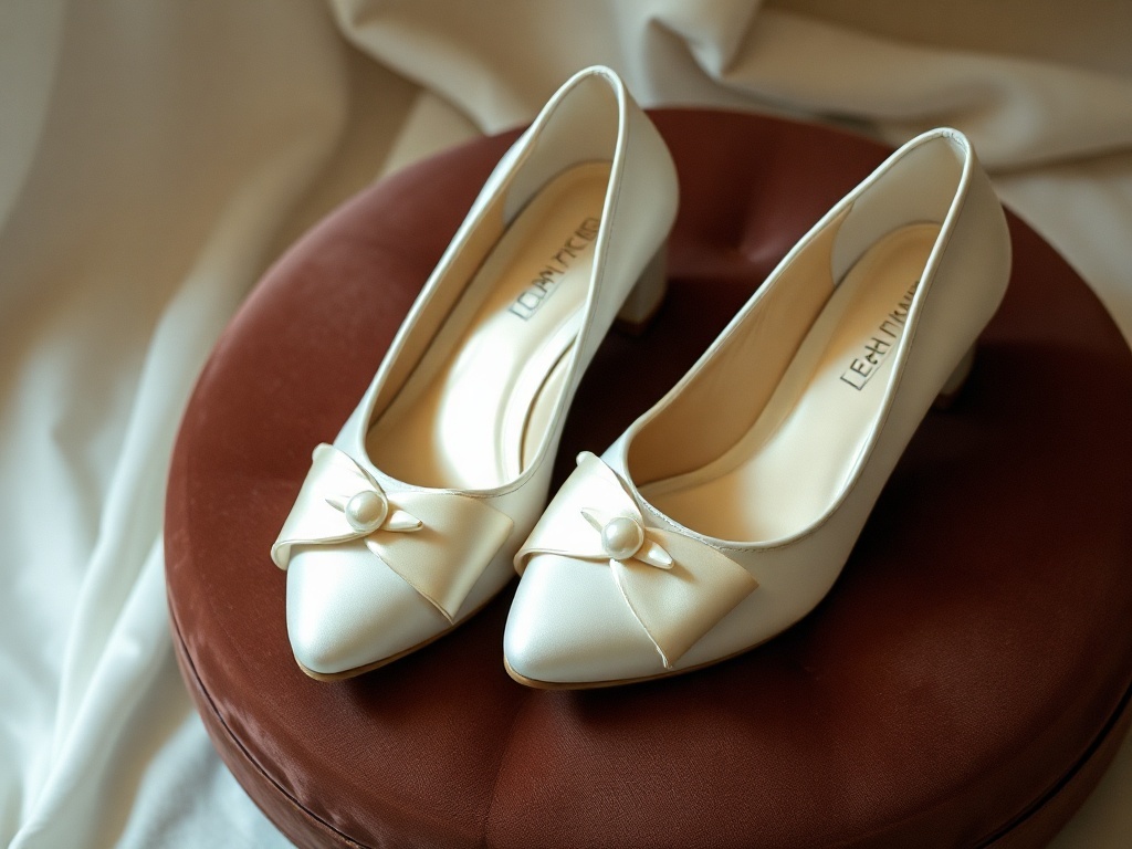A pair of elegant satin bridal shoes with a pearl detail and bow on a round surface.