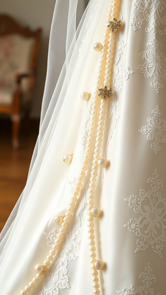 Elegant wedding dress featuring classic pearl embellishments and delicate lace detailing.