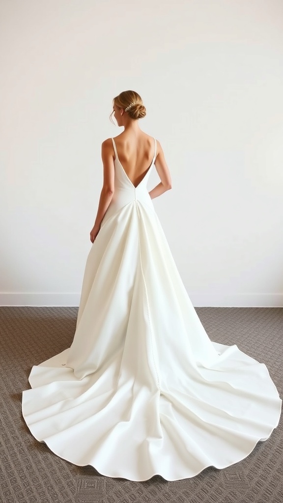 A modern high-low wedding dress with an asymmetrical hem, featuring a beautiful train.