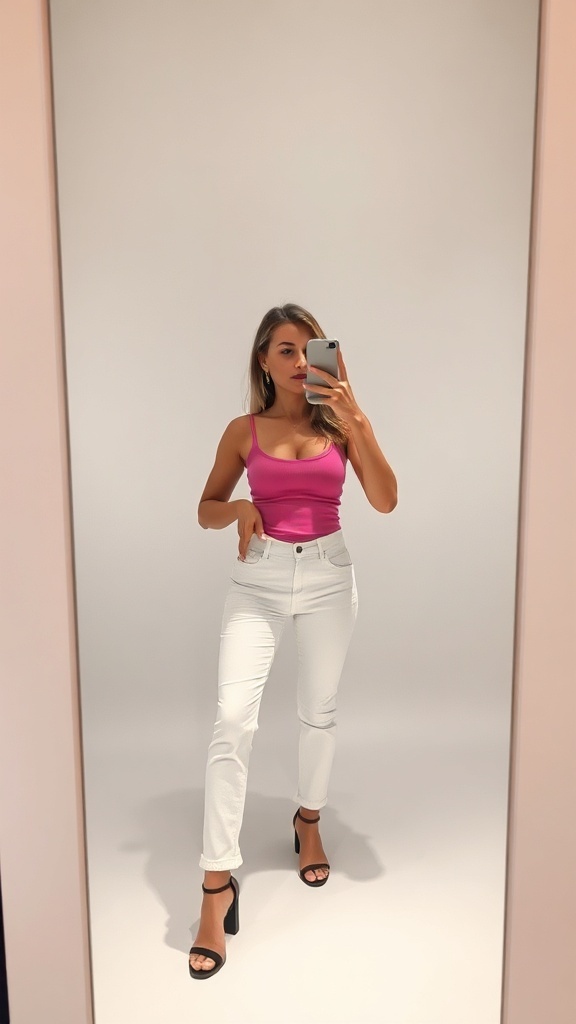 Fashion model taking a selfie in bright tank top and white jeans