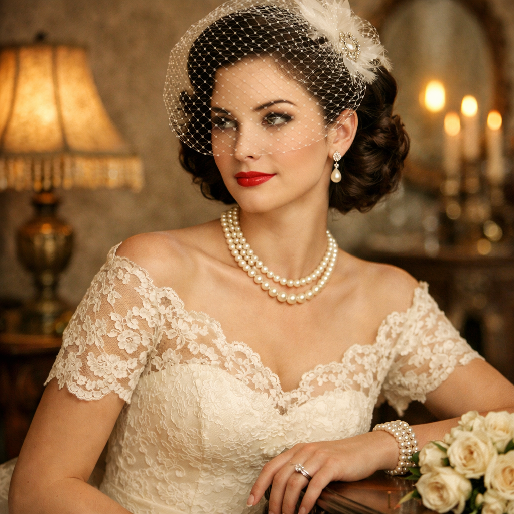 A bride wearing a vintage inspired birdcage veil with elegant hairstyle and pearl jewelry.