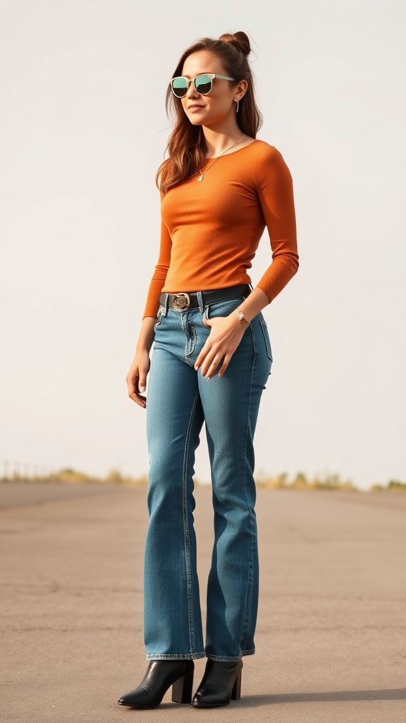 Stylish woman wearing wide-leg jeans with a fitted top and accessories.
