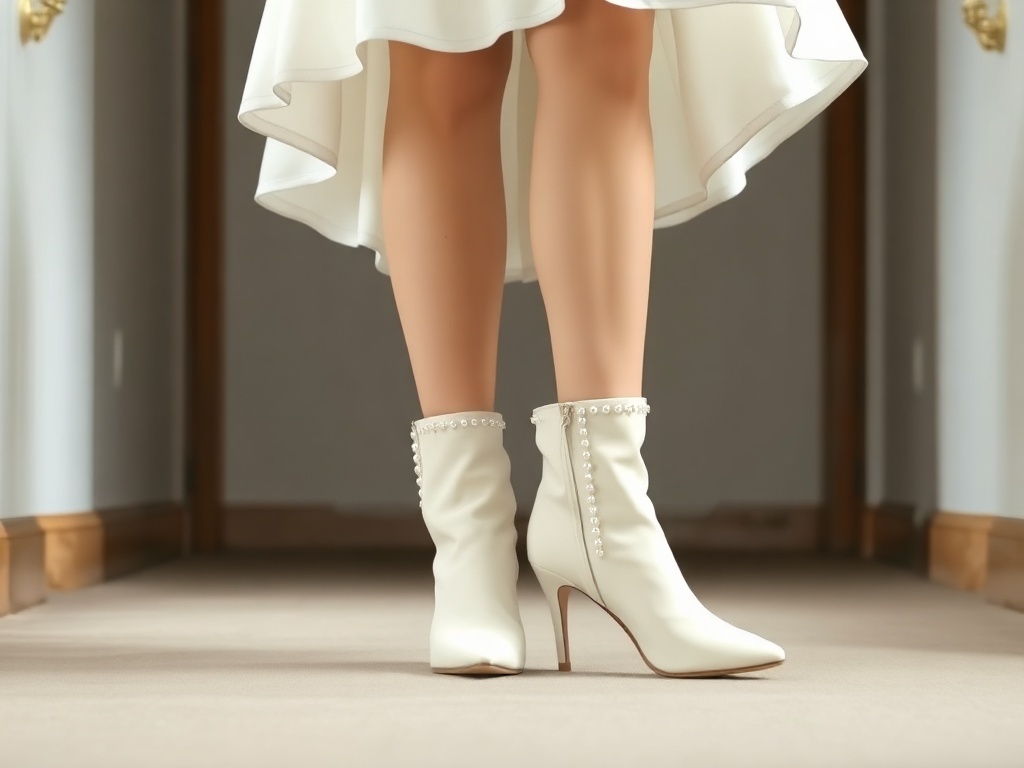 Elegant pearl-trimmed ankle boots worn by a bride.