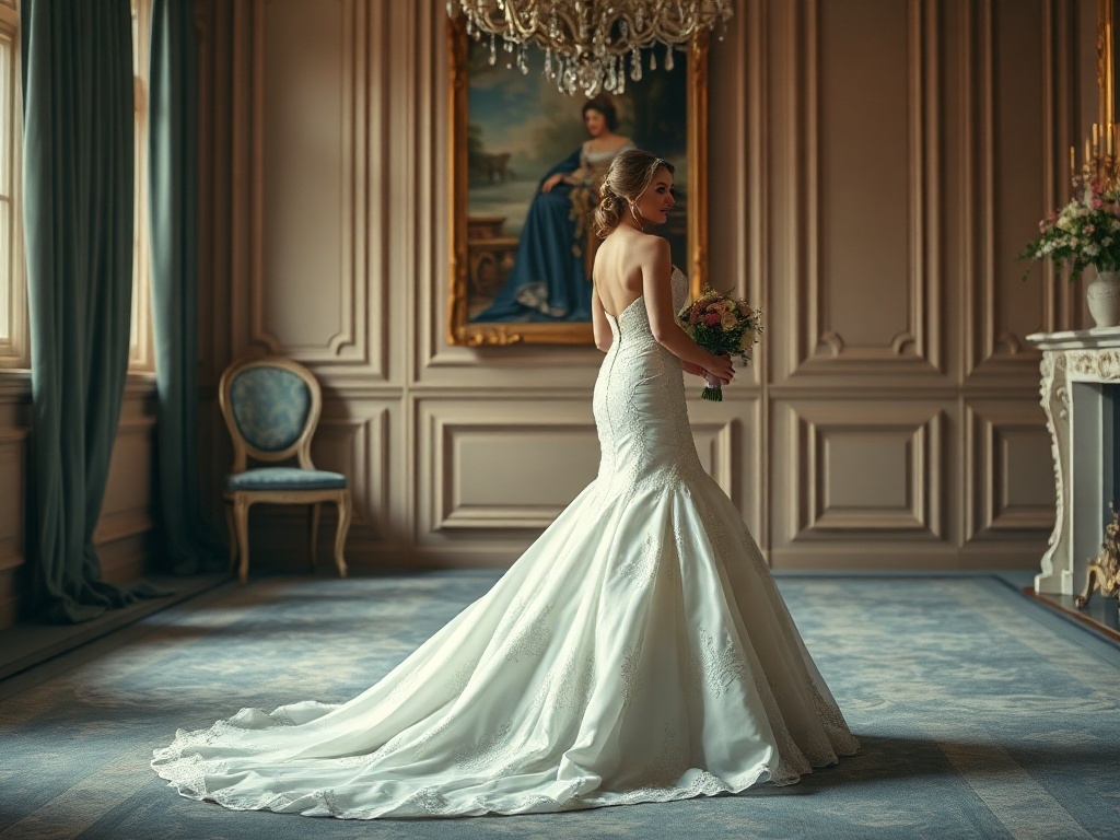 Bride in a mermaid fit wedding dress looking away in a luxurious vintage backdrop