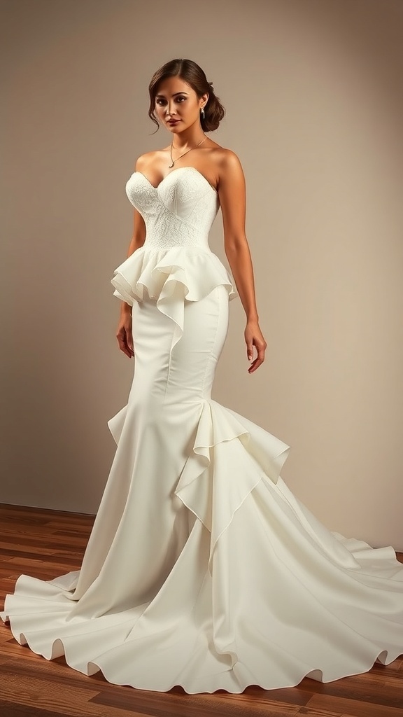 Elegant mermaid wedding dress with ruffles and train