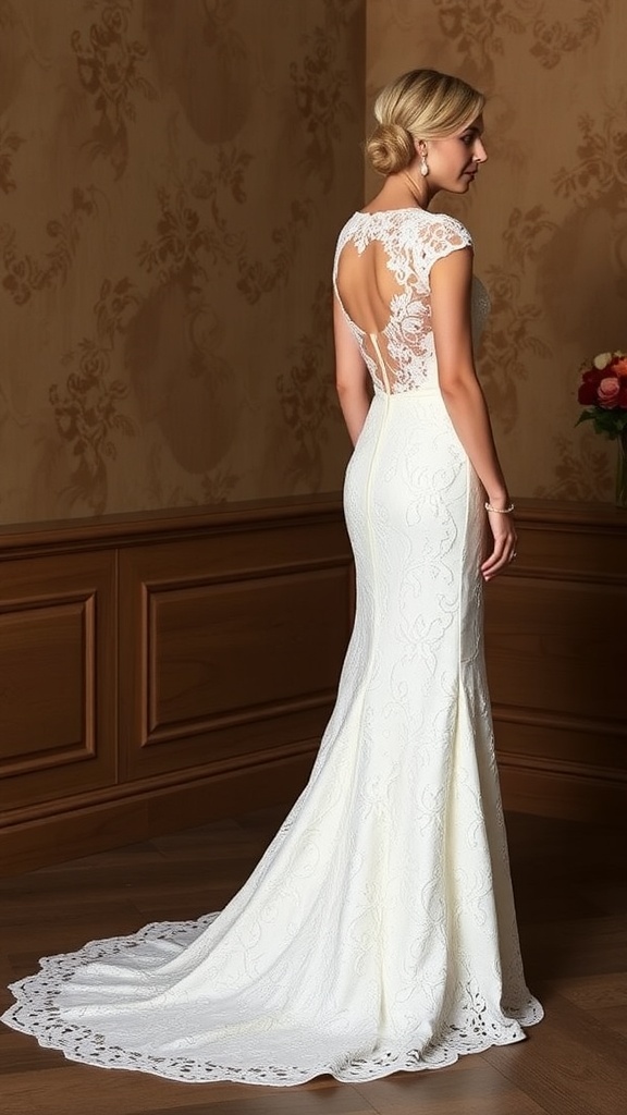 Elegant vintage inspired sheath lace wedding dress with intricate lace details.