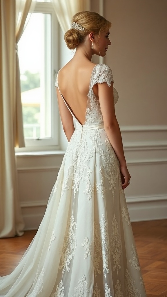 Elegant A-line lace wedding gown with intricate detailing.